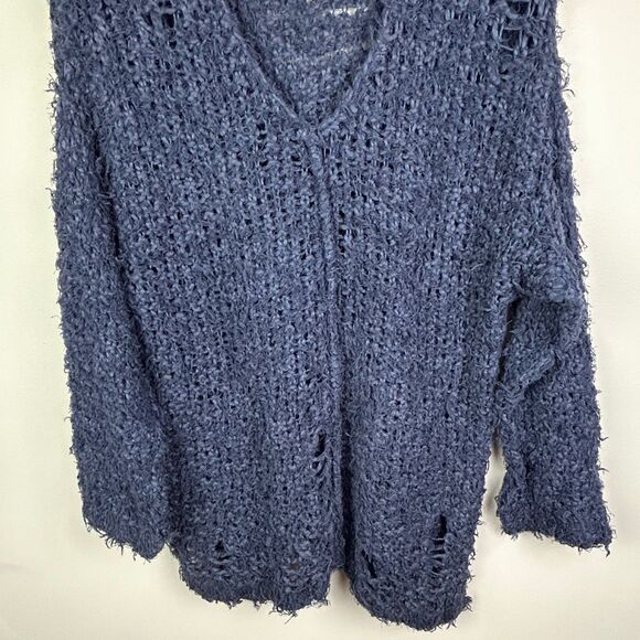 Free People Up The Ladder Distressed Open Knit PullOn Sweater Washed Navy Blue M - Picture 6 of 16